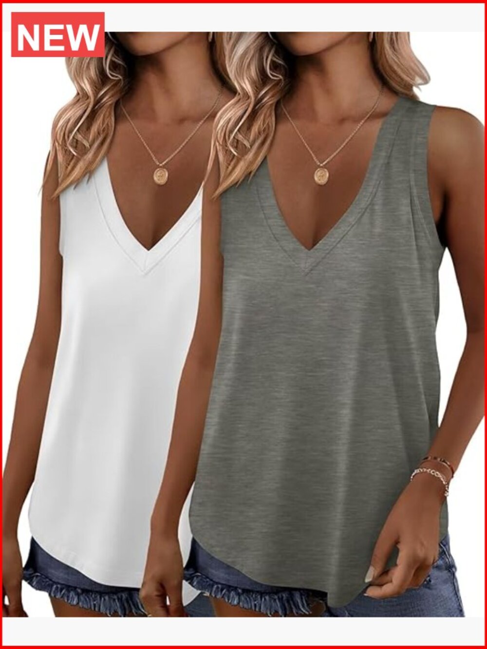 V-Neck Sleeveless Tank Top - White & Gray by